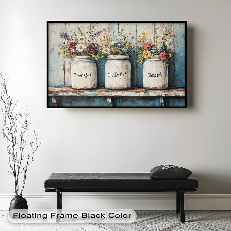 Thankful Grateful Blessed – Floral Jar Oil Painting