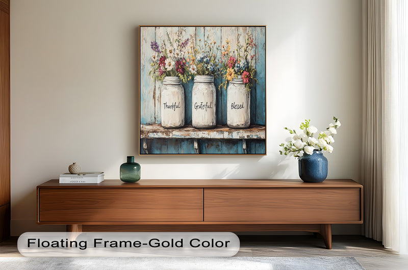 Thankful Grateful Blessed – Floral Jar Oil Painting