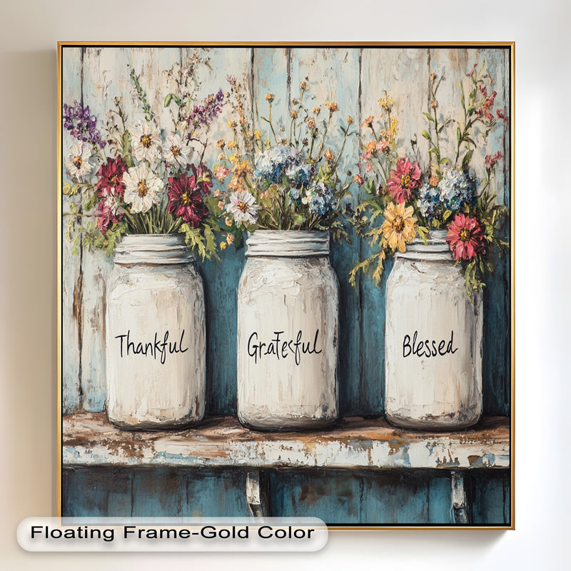 Thankful Grateful Blessed – Floral Jar Oil Painting