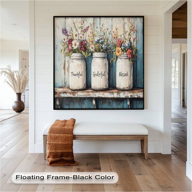 Thankful Grateful Blessed – Floral Jar Oil Painting