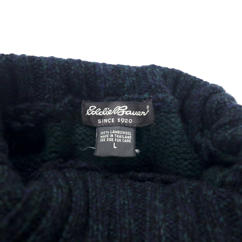 Eddie Bauer タートルネック ボーダー ニット セーター L グリーン ネイビー ウール