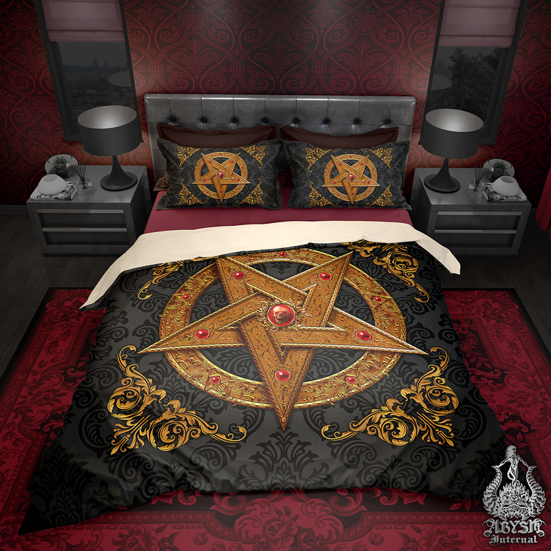 Pentagram Bedding Set, Comforter or Duvet, Satanic Goth Bed Cover, Bedroom Decor, King, Queen & Twin Size - Gold