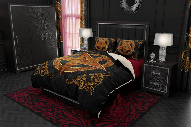 Pentagram Bedding Set, Comforter or Duvet, Satanic Goth Bed Cover, Bedroom Decor, King, Queen & Twin Size - Gold