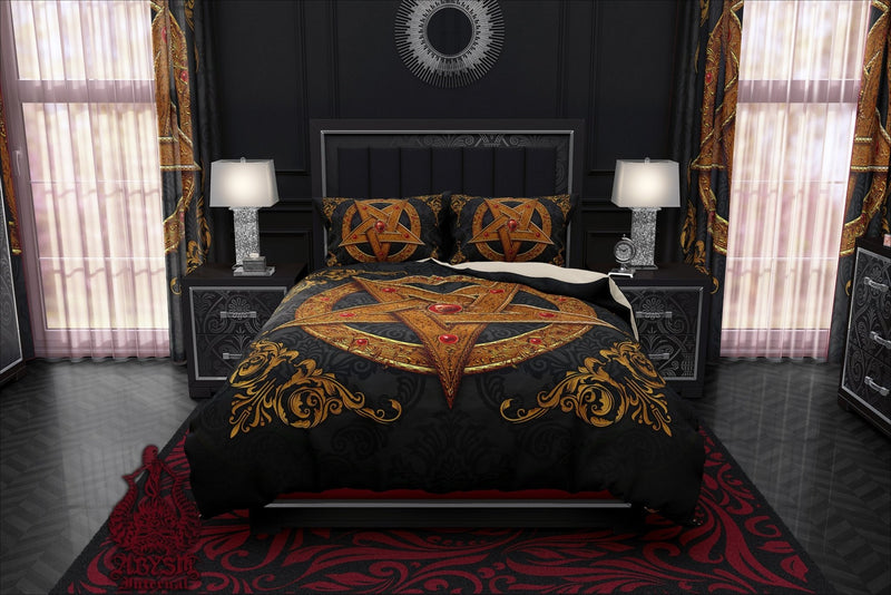 Pentagram Bedding Set, Comforter or Duvet, Satanic Goth Bed Cover, Bedroom Decor, King, Queen & Twin Size - Gold