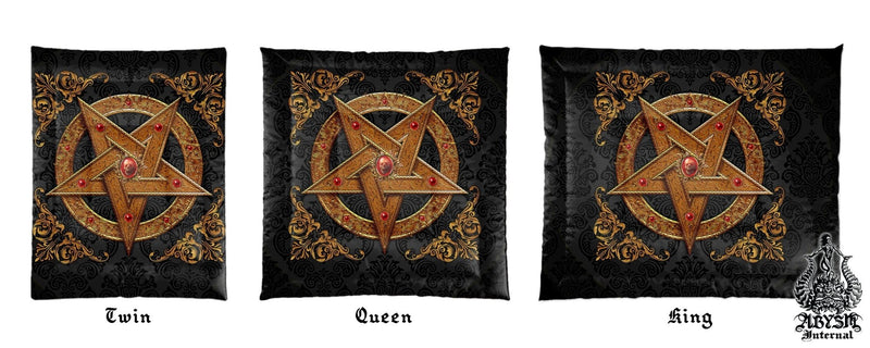 Pentagram Bedding Set, Comforter or Duvet, Satanic Goth Bed Cover, Bedroom Decor, King, Queen & Twin Size - Gold