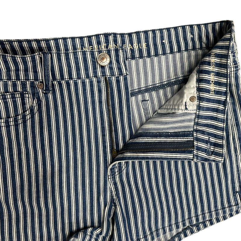 American Eagle Womens 14 Hi Rise Shortie Shorts Denim Blue White Stripes Casual