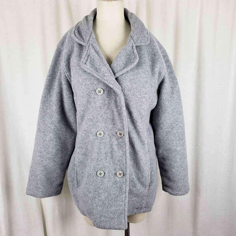 LL Bean Polartec Fleece Double Breasted Peacoat Jacket Short Coat Womens L Gray