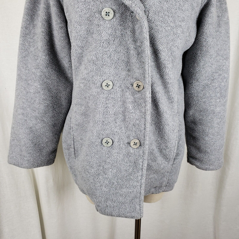 LL Bean Polartec Fleece Double Breasted Peacoat Jacket Short Coat Womens L Gray
