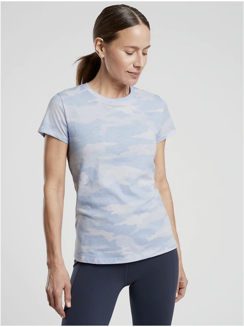 Athleta Blue Camo Print Short Sleeve Organic Daily Crew Tee