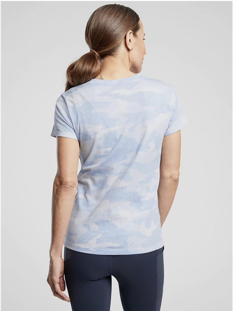 Athleta Blue Camo Print Short Sleeve Organic Daily Crew Tee