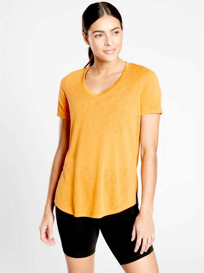 Athleta Gold Yellow Scoop V-Neck Short Sleeve Breezy Tee Top