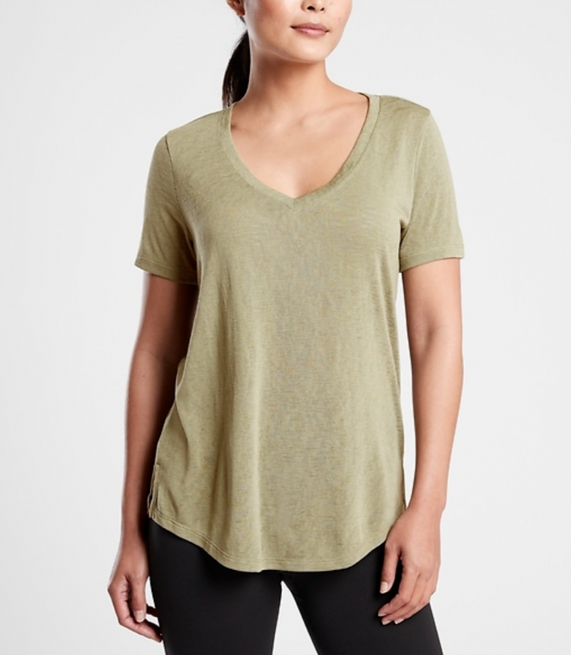 Athleta Shadow Olive Scoop V-Neck Short Sleeve Breezy Tee Top