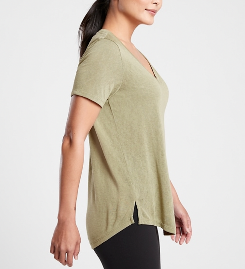 Athleta Shadow Olive Scoop V-Neck Short Sleeve Breezy Tee Top