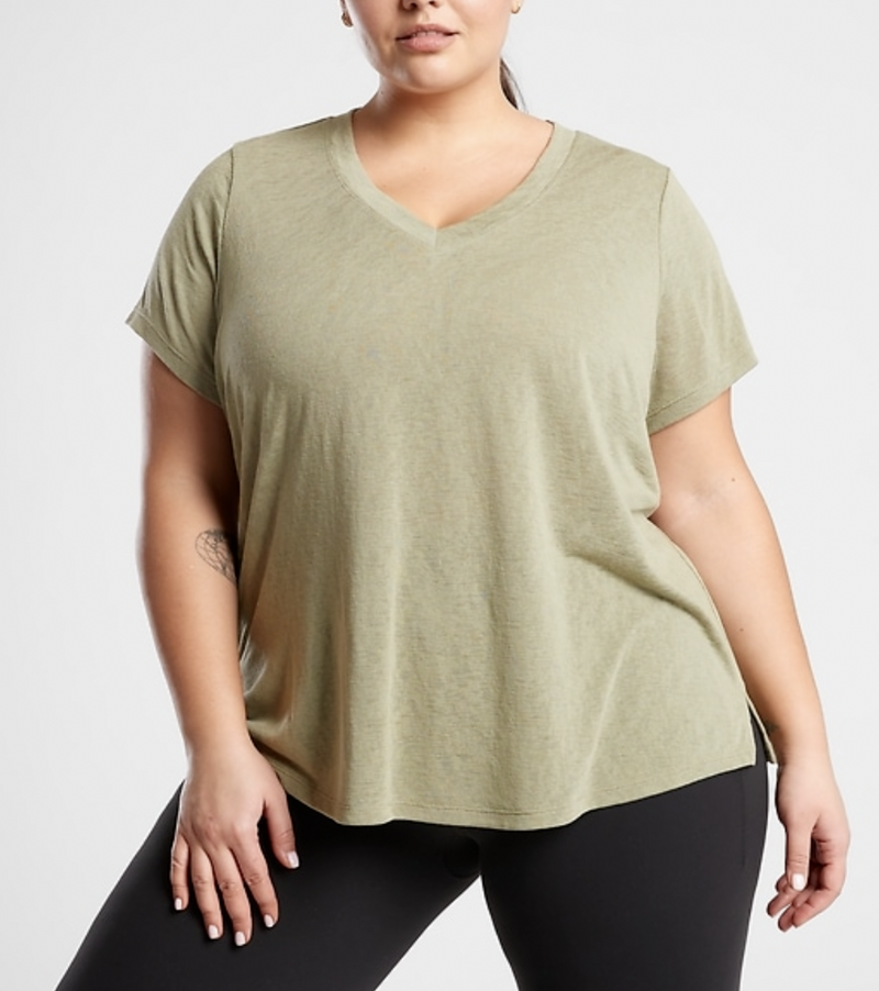 Athleta Shadow Olive Scoop V-Neck Short Sleeve Breezy Tee Top