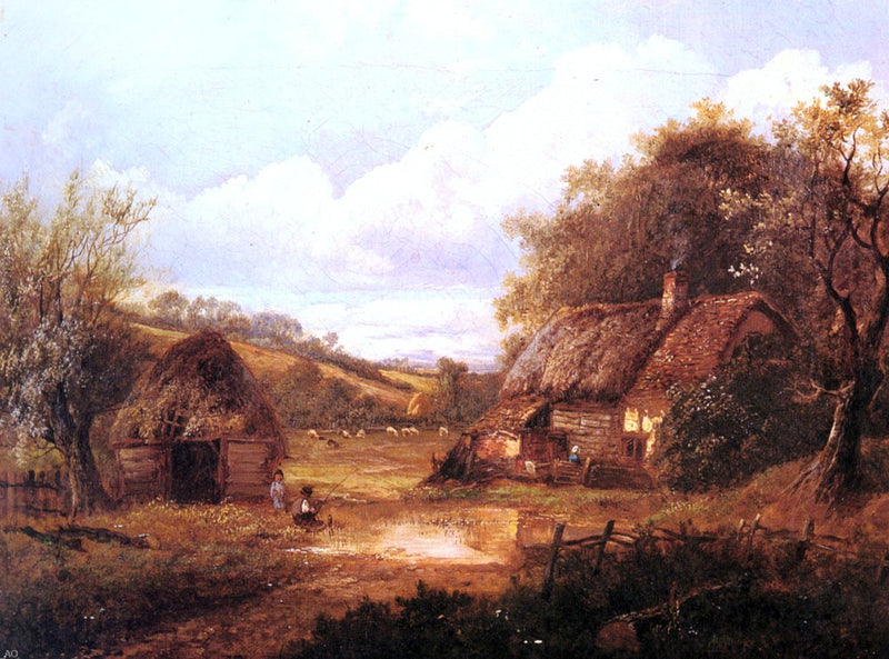 Landscape with Figures Outside a Thatched Cottage by Joseph Thors - Hand Painted Oil Painting