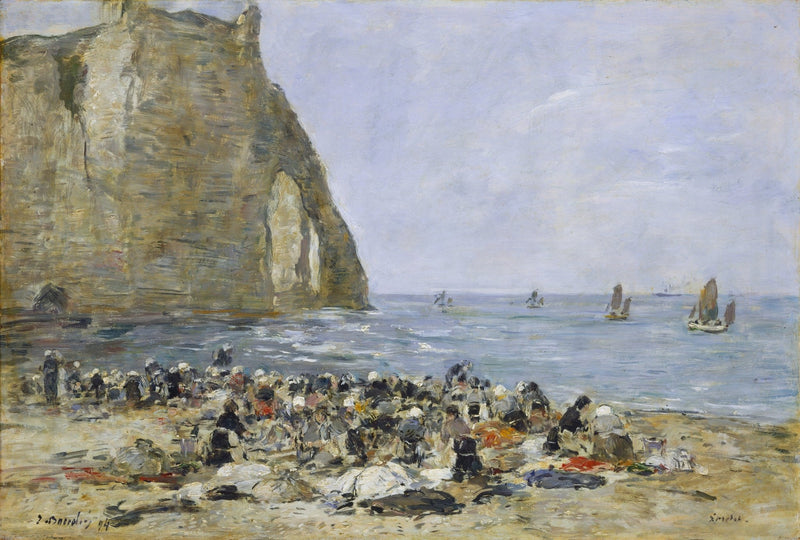 Cliffside Beach Scene with Sailboats Oil Painting