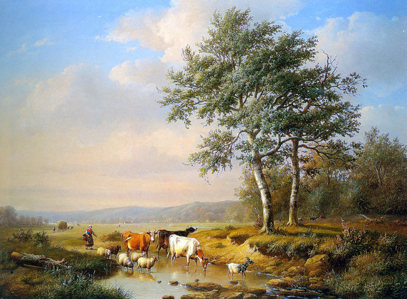 An Extensive Landscape with Cattle Watering by Louis Pierre Verwee - Hand Painted Oil Painting