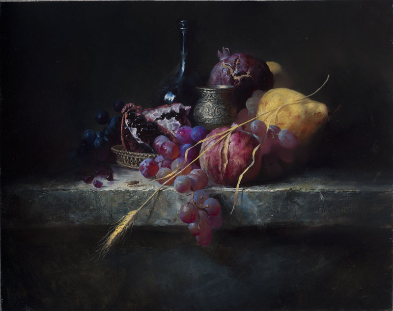 Still Life with Fruits, Bottle, and Metallic Cup