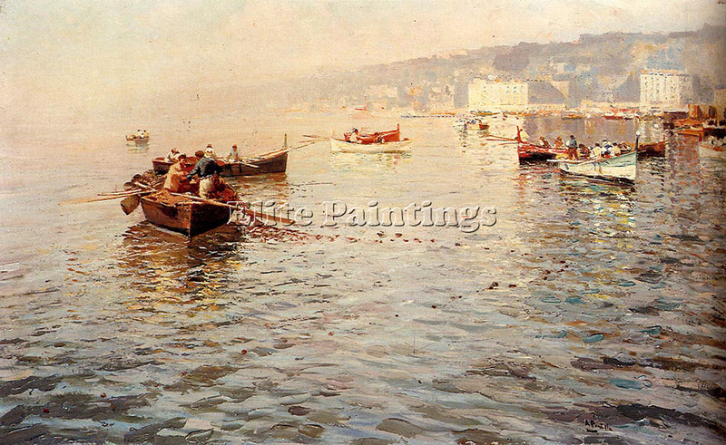 ATTILIO PRATELLA FISHING VESSELS OFF A COAST ARTIST PAINTING HANDMADE OIL CANVAS
