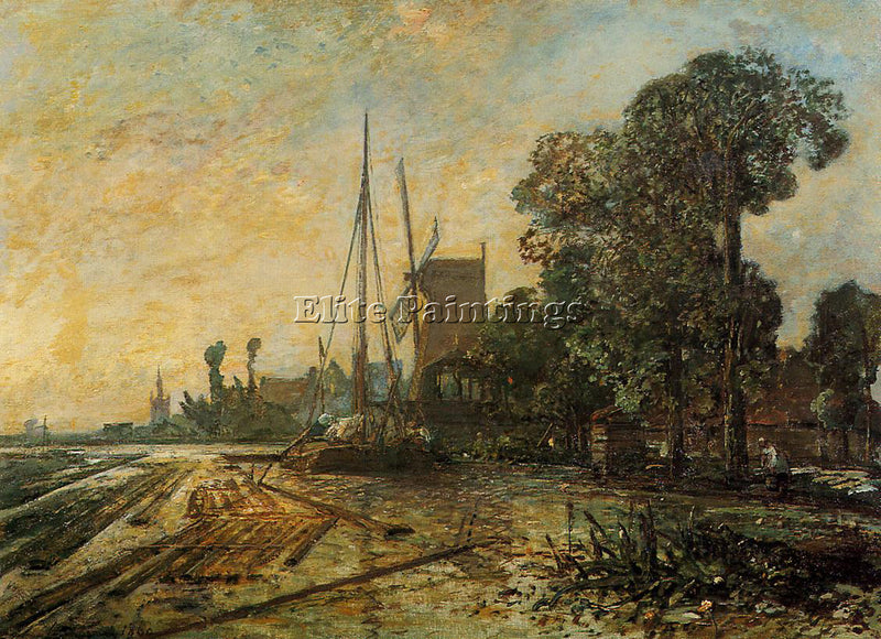 JOHAN BARTHOLD JONGKIND WINDMILL NEAR THE WATER ARTIST PAINTING REPRODUCTION OIL