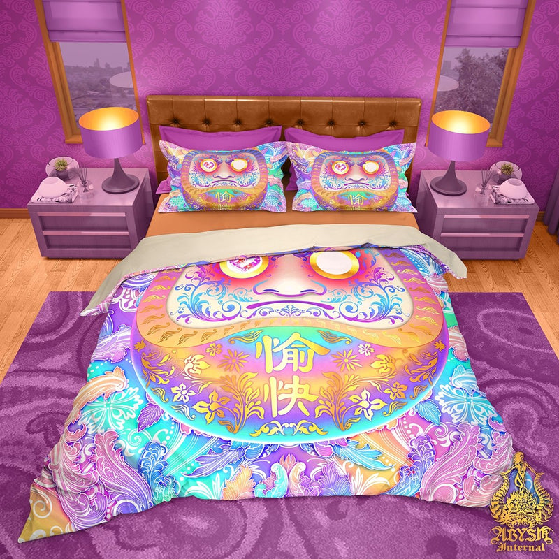 Japanese Bedding Set, Harajuku Comforter or Duvet, Pastel Daruma, Aesthetic Bed Cover, Kawaii Bedroom Decor, King, Queen & Twin Size - Psychedelic
