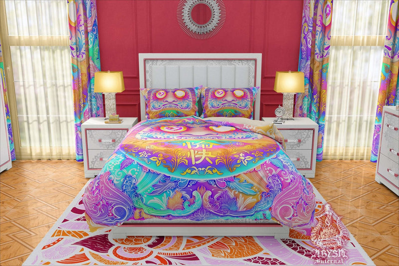 Japanese Bedding Set, Harajuku Comforter or Duvet, Pastel Daruma, Aesthetic Bed Cover, Kawaii Bedroom Decor, King, Queen & Twin Size - Psychedelic