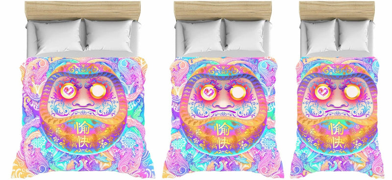 Japanese Bedding Set, Harajuku Comforter or Duvet, Pastel Daruma, Aesthetic Bed Cover, Kawaii Bedroom Decor, King, Queen & Twin Size - Psychedelic