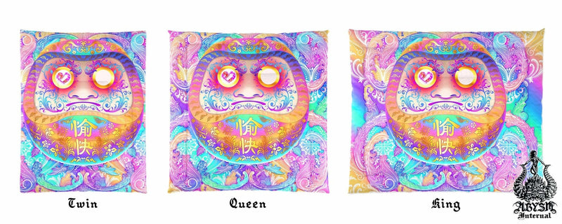 Japanese Bedding Set, Harajuku Comforter or Duvet, Pastel Daruma, Aesthetic Bed Cover, Kawaii Bedroom Decor, King, Queen & Twin Size - Psychedelic