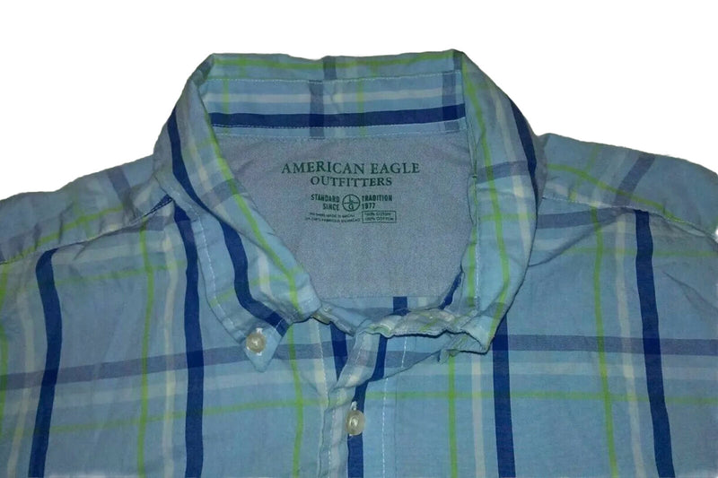 Men's American Eagle Size Large Button Down Dress Shirt Blue Plaid Checks Top