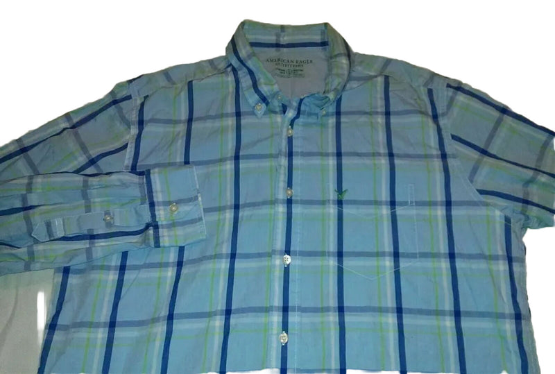 Men's American Eagle Size Large Button Down Dress Shirt Blue Plaid Checks Top