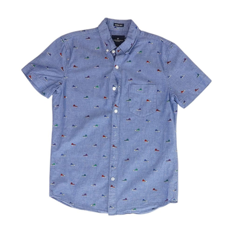 Blue Graphic Short Sleeve Button Down