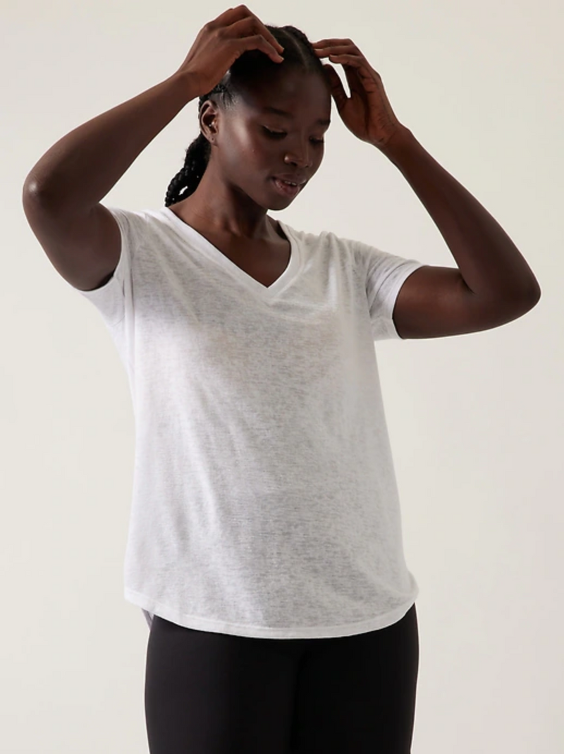 Athleta White Scoop V-Neck Short Sleeve Breezy Tee Top