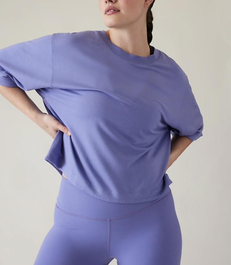 Athleta Adonis Blue Crew Neck Short Sleeve Bliss Sweatshirt Tee Top