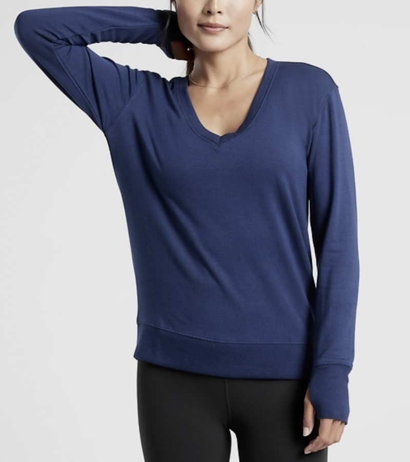 Athleta Enchanted Blue Long Sleeve Sunrise V-neck Sweatshirt