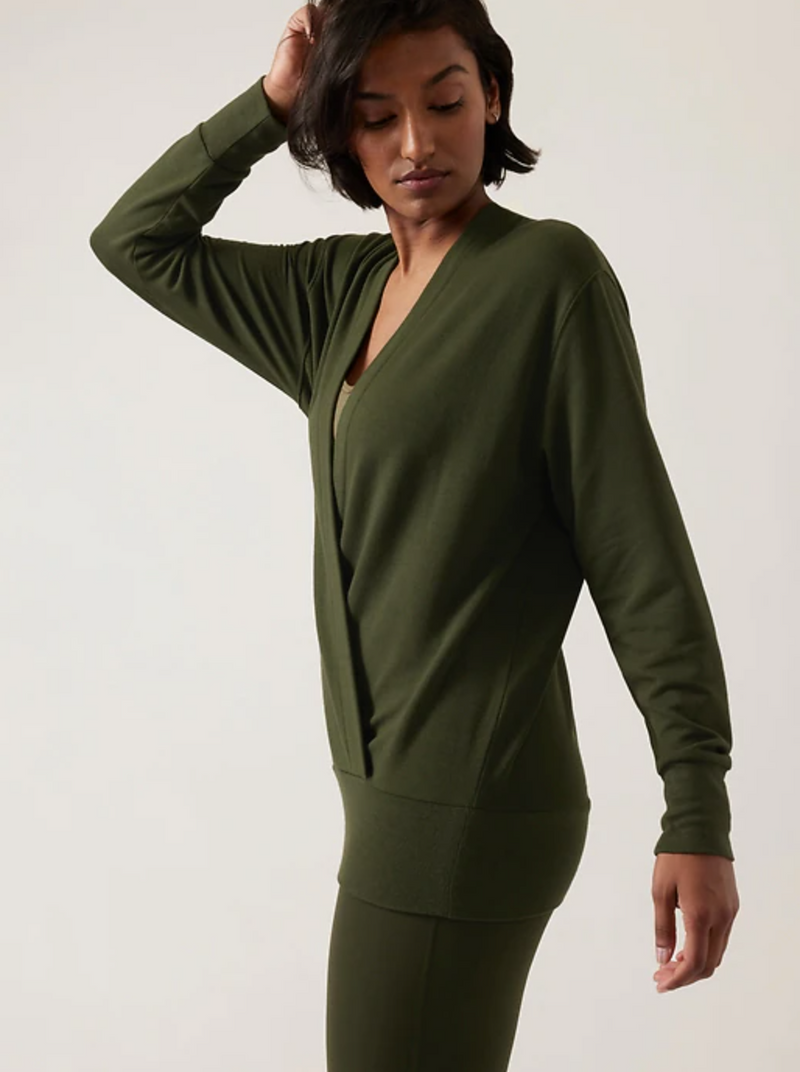 Athleta Aspen Olive Purana V-Neck Wrap Sweatshirt
