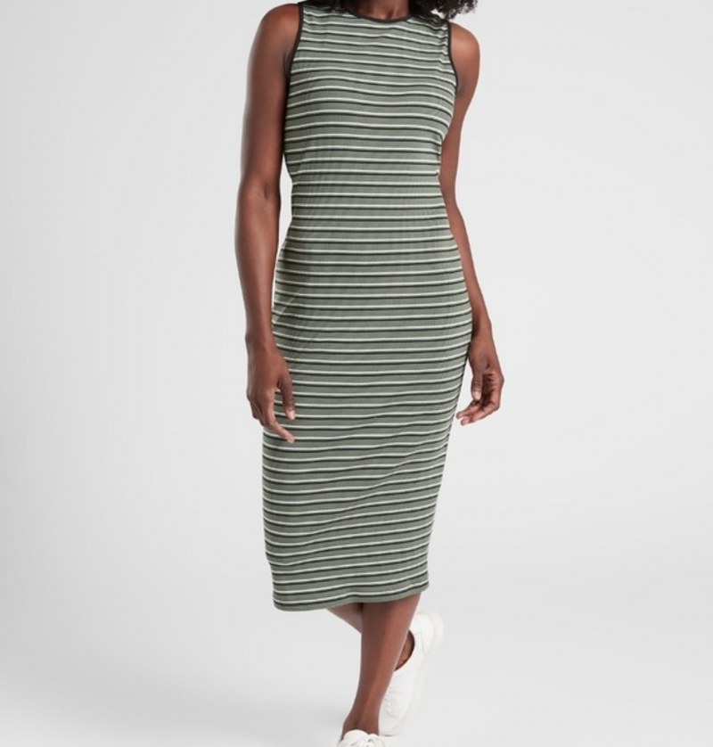 Athleta Olive Green White Sleeveless Striped Sunstream Midi Dress