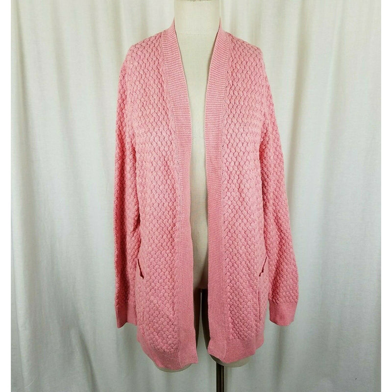 LL Bean Long Boucle Waffle Open Front Wrap Cotton Cardigan Sweater Womens M Pink