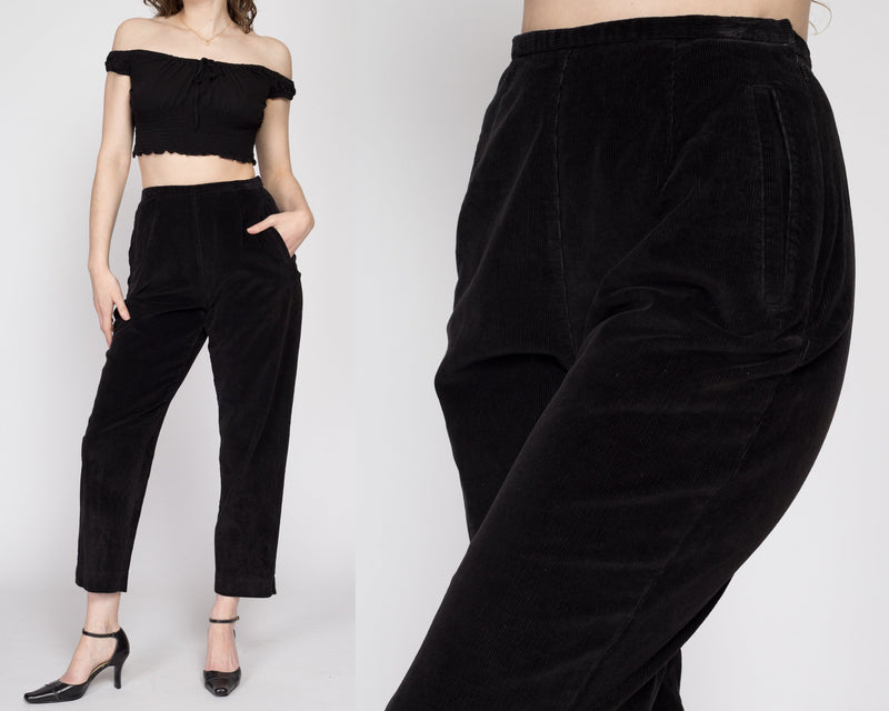 Small 80s Black Corduroy High Waisted Side Zip Pants 26