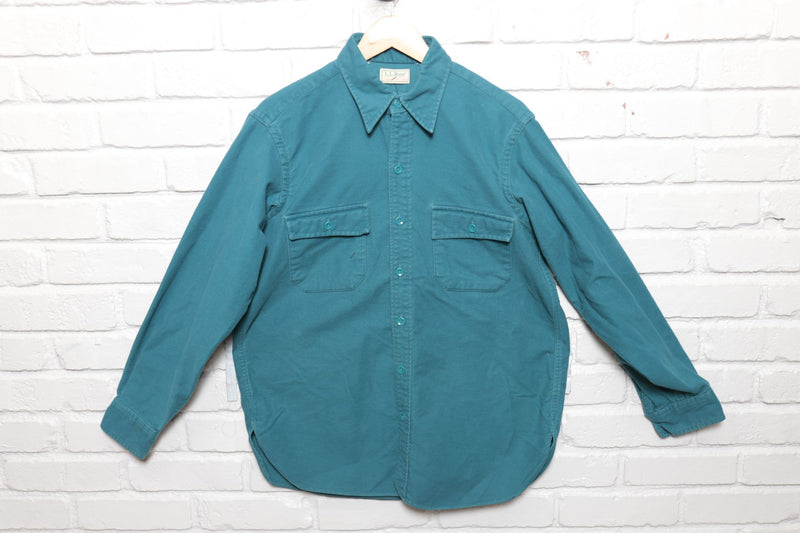 90s Vintage LL Bean Teal Chamois Cloth Button Down Shirt Size Large