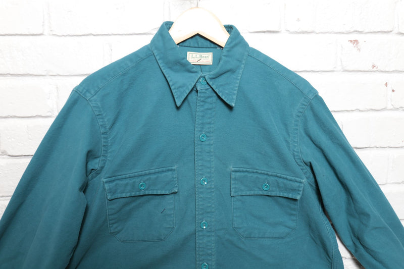 90s Vintage LL Bean Teal Chamois Cloth Button Down Shirt Size Large