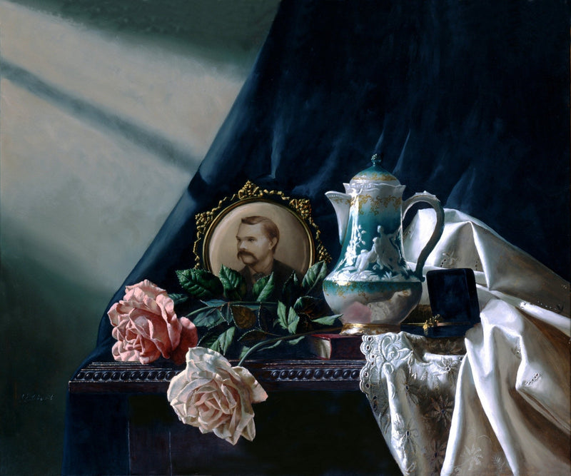 Still Life with Roses, Decorative Teapot, and Portrait