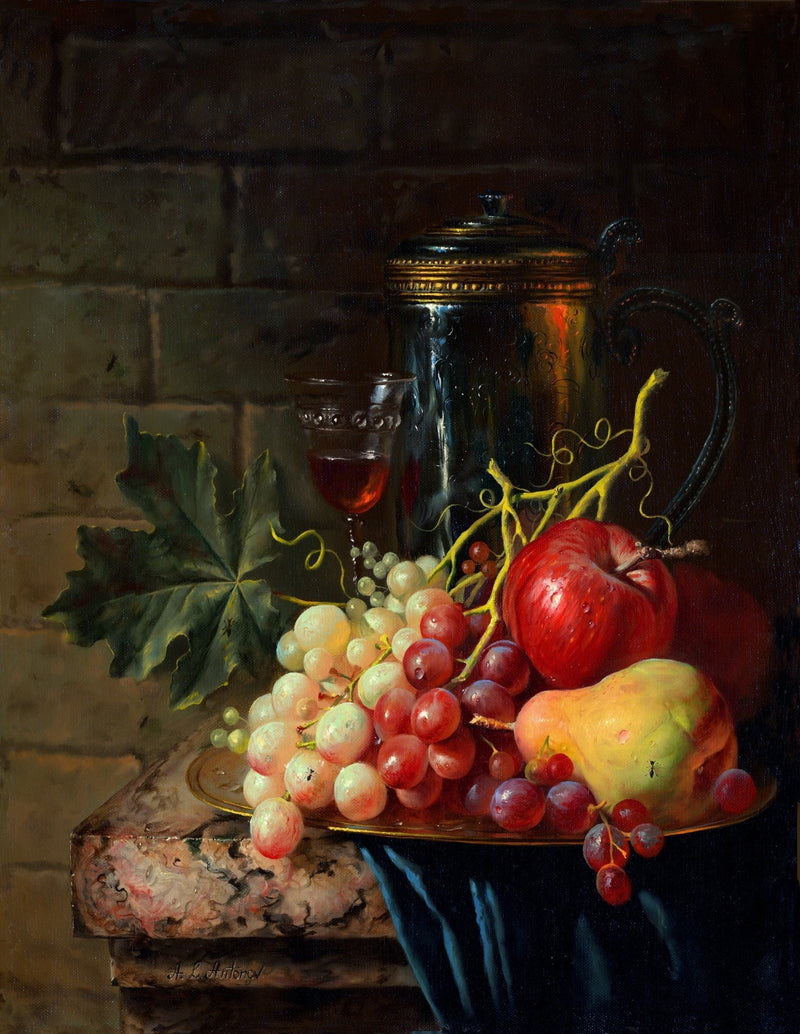 Still Life with Fruits, Metal Pot and Wine