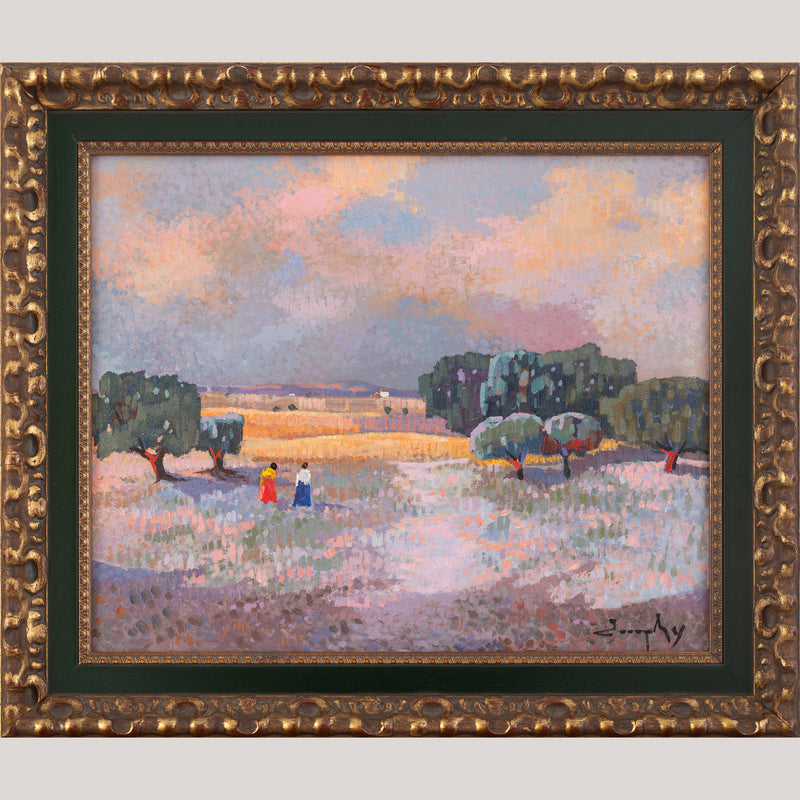 Pointilist Landscape Oil Painting - Twilight Stroll through the Olive Grove