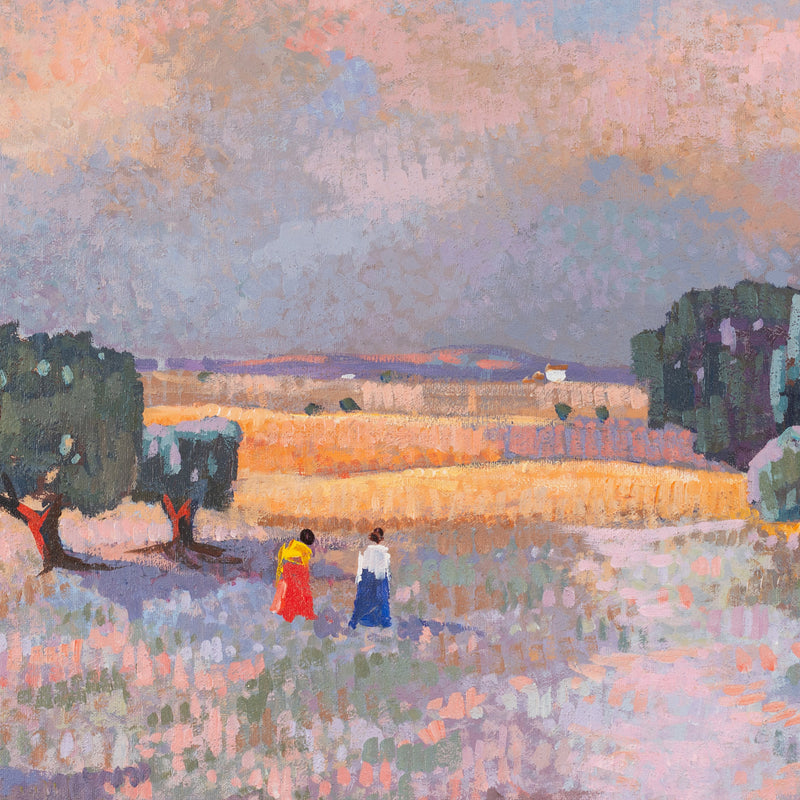 Pointilist Landscape Oil Painting - Twilight Stroll through the Olive Grove