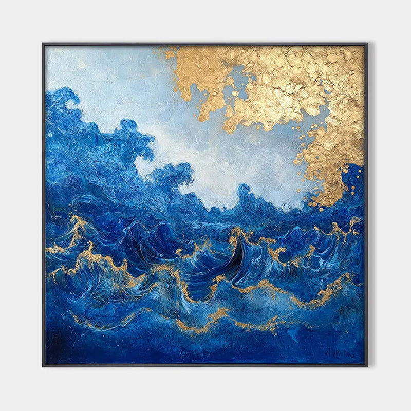 AZURE CREST: Square Abstract Ocean Waves Oil Painting with Gold Leaf