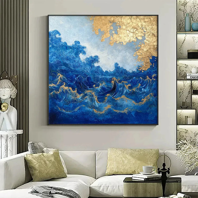 AZURE CREST: Square Abstract Ocean Waves Oil Painting with Gold Leaf