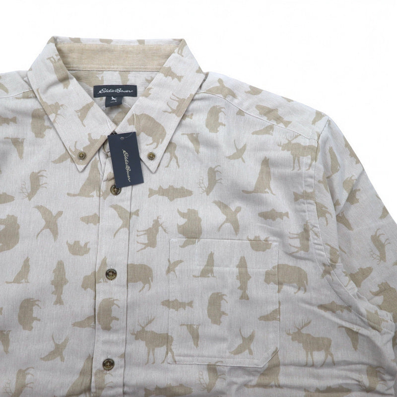 Eddie Bauer ボタンダウンシャツ L ベージュ コットン 総柄 アニマル 未使用品