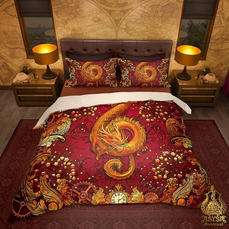 Dragon Bed Cover, Duvet or Comforter, Steampunk Bedding Set, Bedroom Decor, King, Queen & Twin Size - Music Art