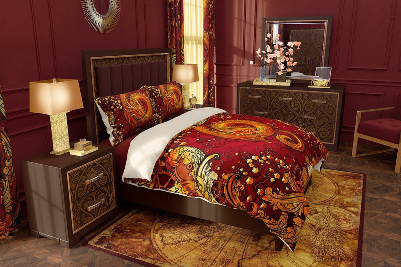 Dragon Bed Cover, Duvet or Comforter, Steampunk Bedding Set, Bedroom Decor, King, Queen & Twin Size - Music Art