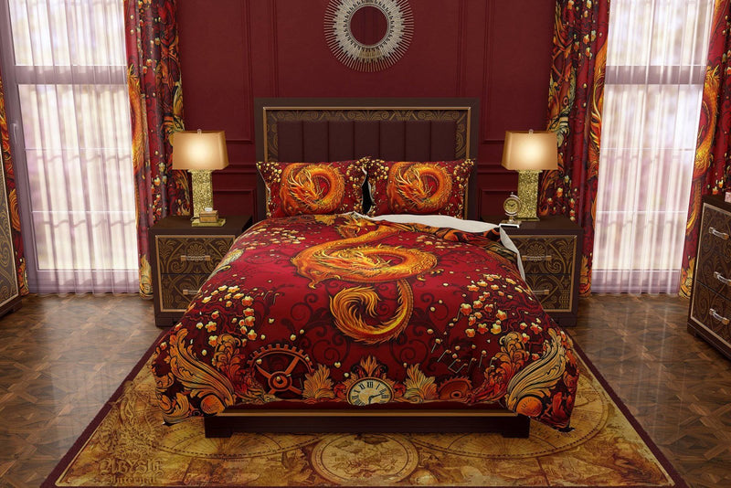 Dragon Bed Cover, Duvet or Comforter, Steampunk Bedding Set, Bedroom Decor, King, Queen & Twin Size - Music Art